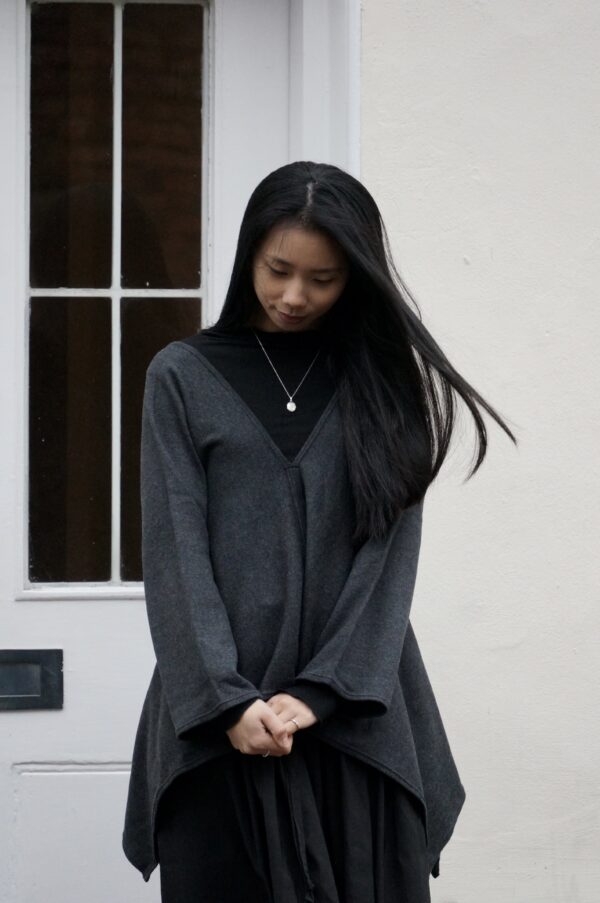 No-waste draped blouse – in grey wool blend knit