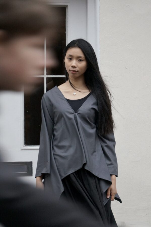 No-waste draped blouse – in grey wool suiting