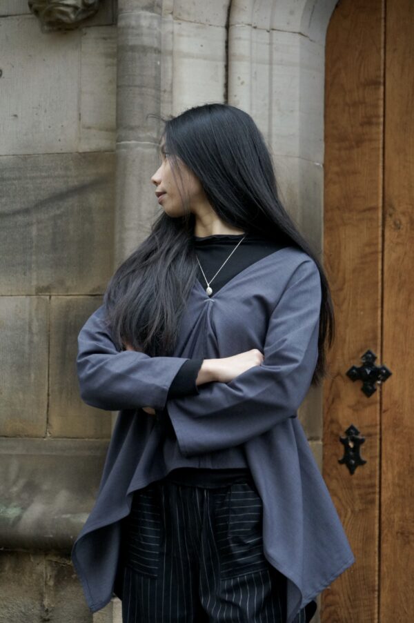 No-waste draped blouse – in grey cotton blend suiting