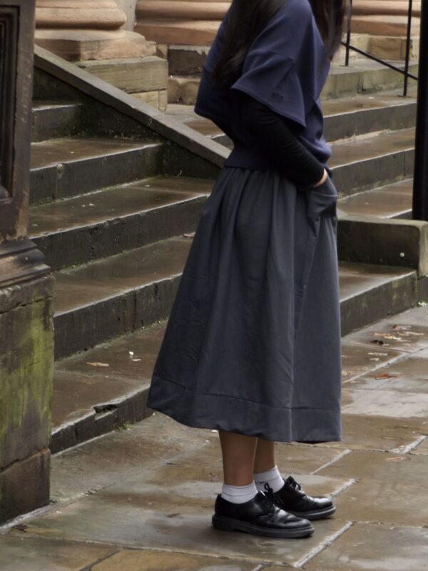 No-waste gathered midi skirt – in grey cotton blend suiting
